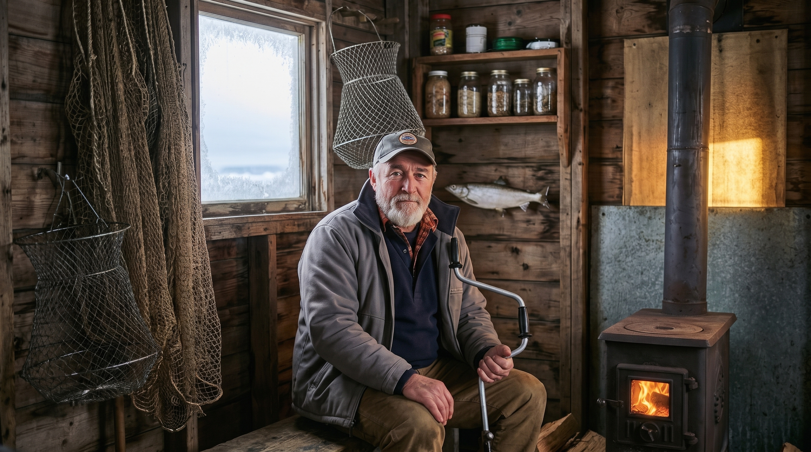 Arvid Haugen in his ice fishing cabin