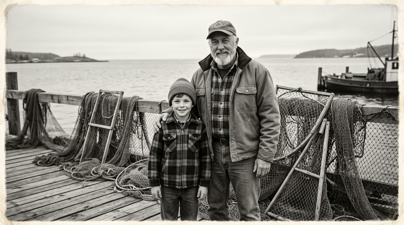Arvid Haugen and his son on a Lake Superior dock, black and white photograph