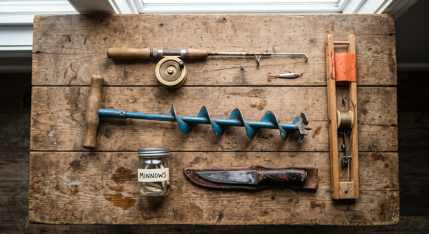 Ice fishing gear laid out on a wooden workbench: rod, auger, knife, and a jar of minnows