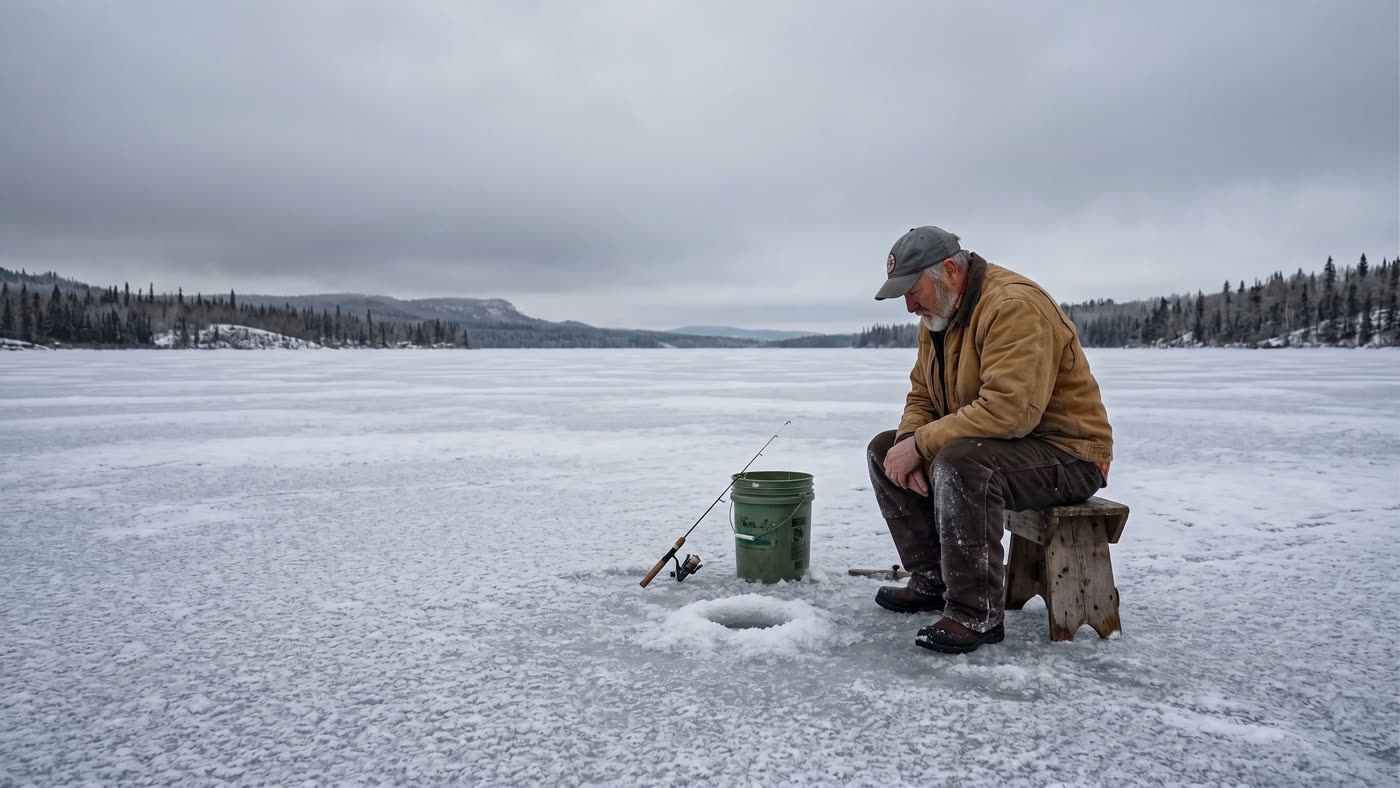 Arvid Haugen ice fishing alone on Lake Superior