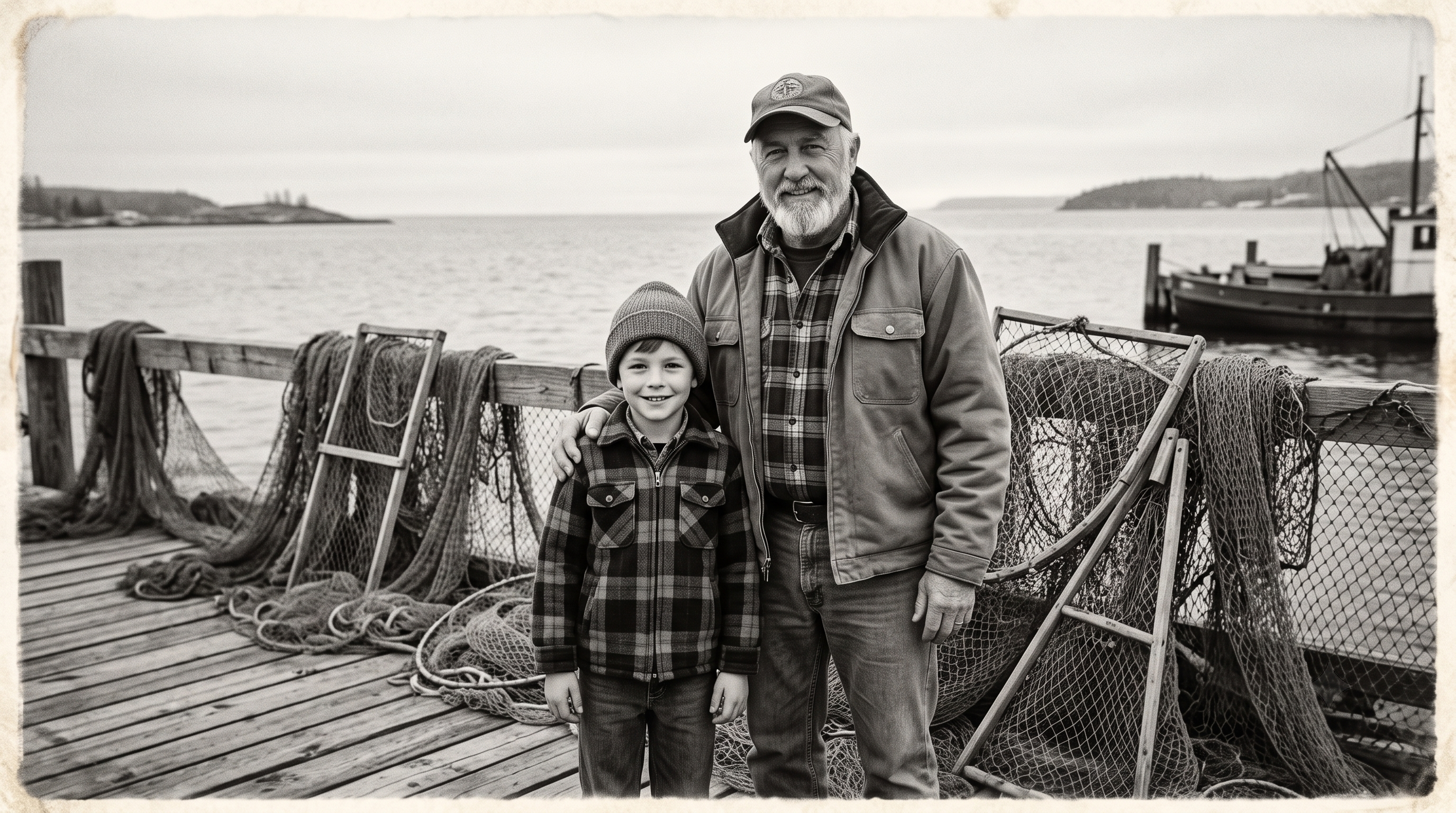 Two generations of fishermen on a Lake Superior dock, vintage photograph